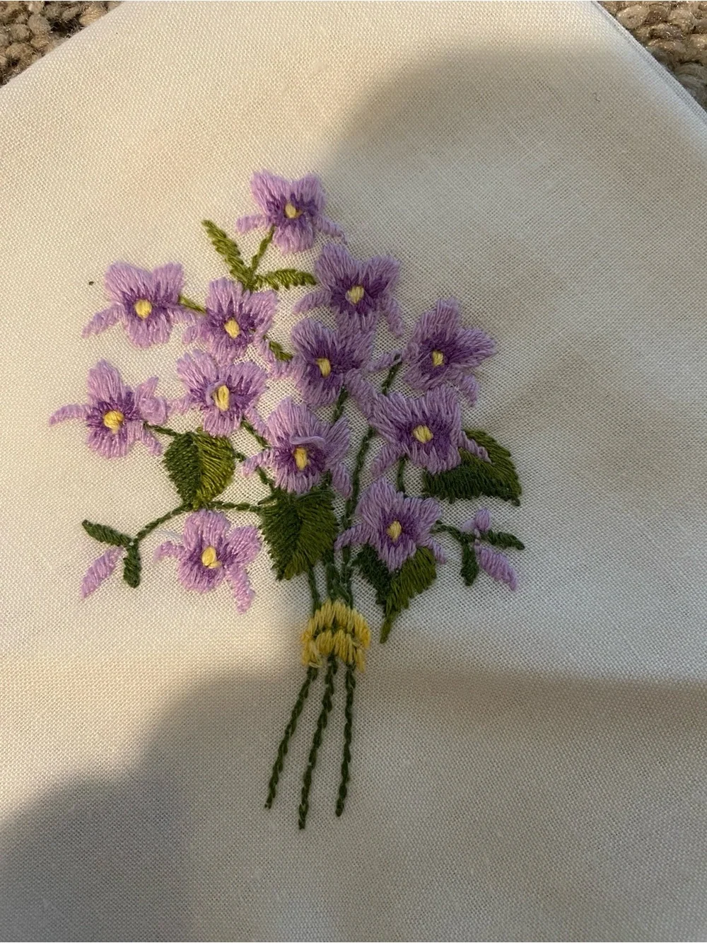 Vintage White handkerchief with Lavender Embroidered Bouquet